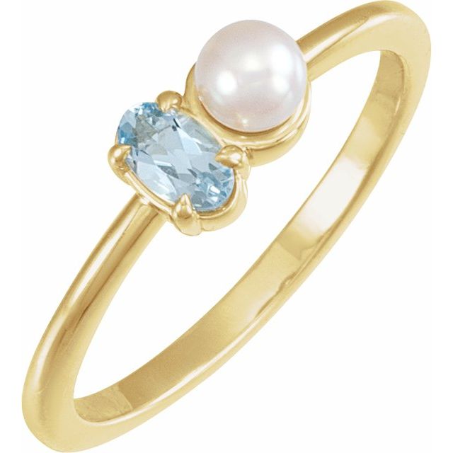 14K Yellow Natural Aquamarine & Cultured White Akoya Pearl Ring