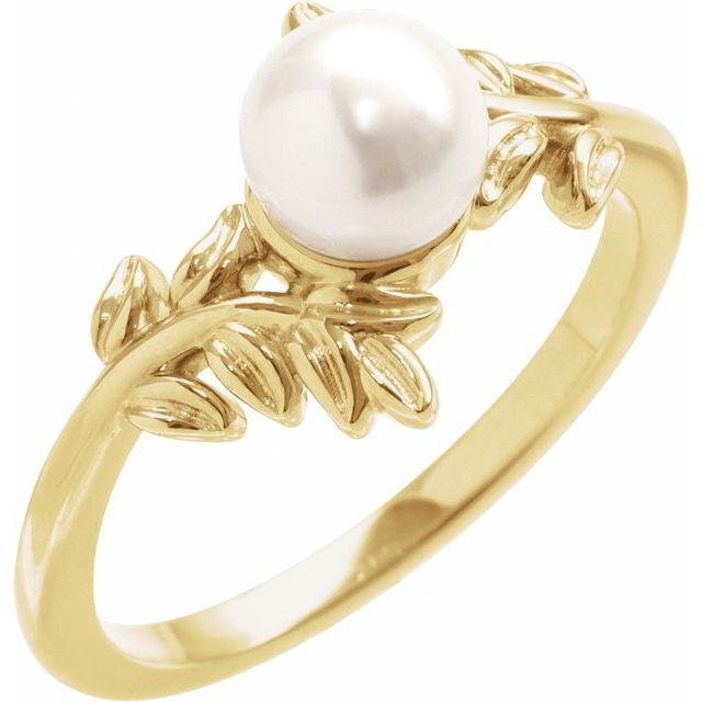 14K Yellow Cultured White Akoya Pearl Ring