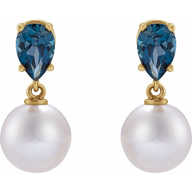 14K Yellow Cultured White Akoya Pearl & Natural London Blue Topaz Earrings