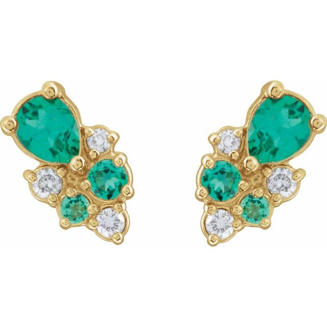 14K Yellow Lab-Grown Emerald & .07 CTW Lab-Grown Diamond Cluster Earrings