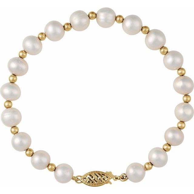 14K Yellow Cultured White Freshwater Pearl 7 1/4" Bracelet
