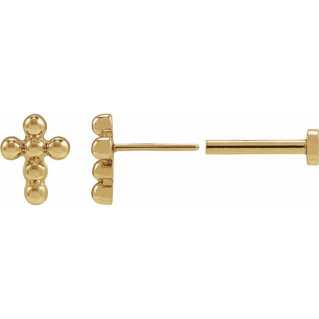 14K Yellow Beaded Cross Stud Earrings