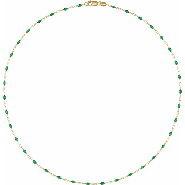 14K Yellow Gold-Filled 1.6 mm Green Enamel Bead Paperclip-Style 18" Chain