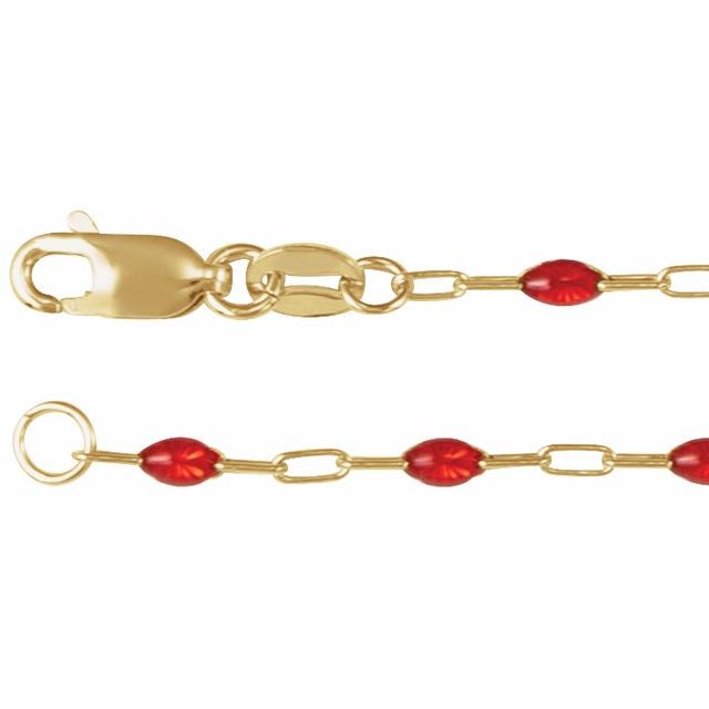 14K Yellow Gold-Filled 1.6 mm Red Enamel Bead Paperclip-Style 7" Chain