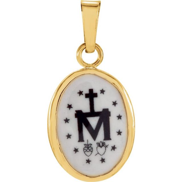 14K Yellow 13x10 mm Oval Hand Painted Porcelain Miraculous Medal