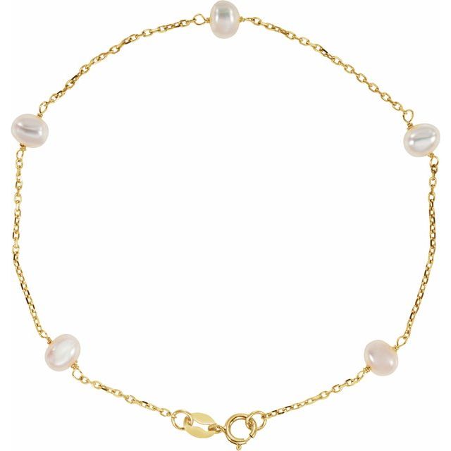 14K Yellow Cultured White Freshwater Pearl  5-Station 7" Bracelet
