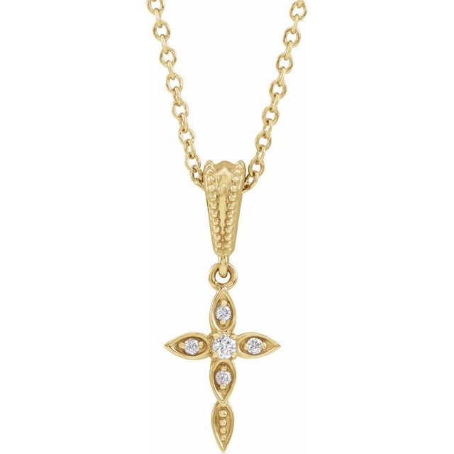 14K Yellow .03 CTW Natural Diamond Petite Vintage-Inspired 16-18" Cross Necklace